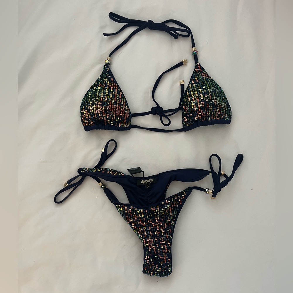 Dolcessa Designer Sequin Bikini  S Navy Iridescent  $190 Retail Resort Swim